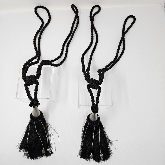 Tassel Curtain Tie Backs Black & Silver Beads Set of 2 Decorator Detail - Picture 1 of 12